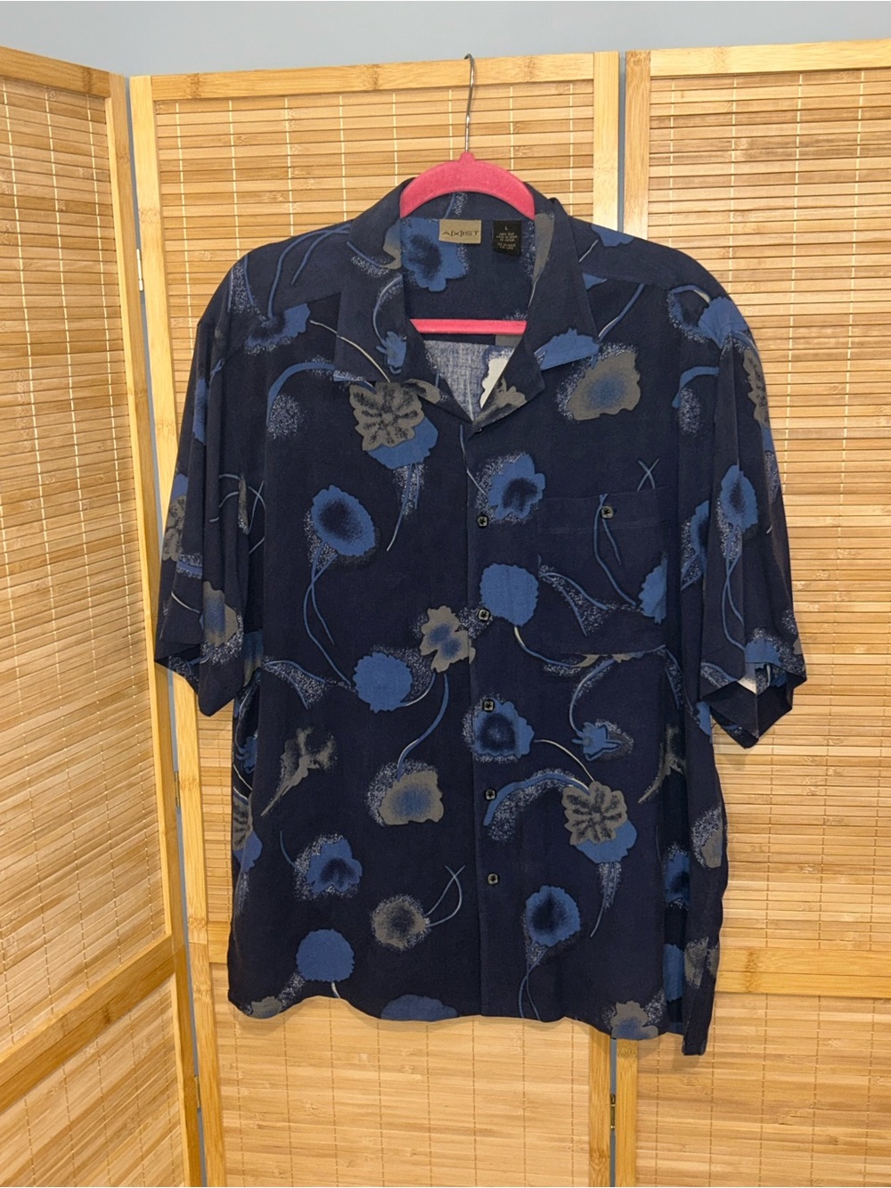 Axist men’s button down blue floral tropical 100% silk shirt top men’s large